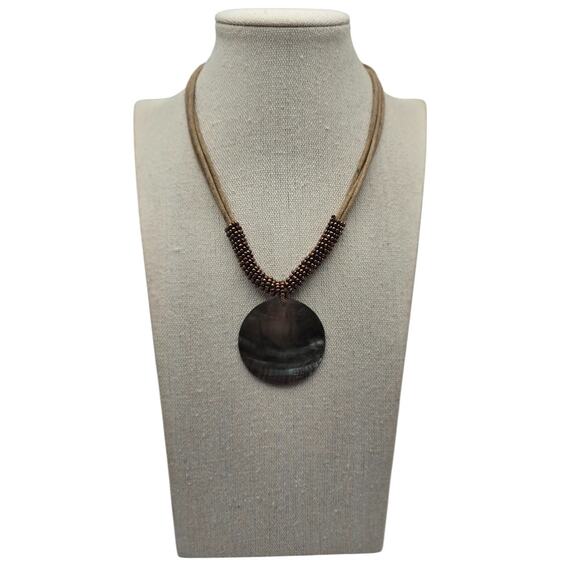 Lia Sophia Iridescent Shell Disc Tan Cord Beaded Pendant Necklace - Picture 1 of 6